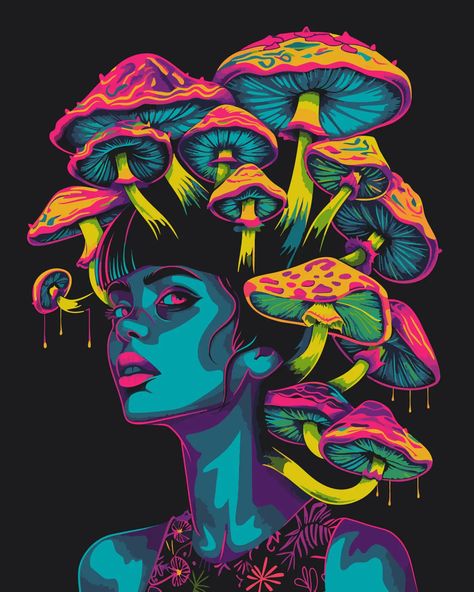 Neon surreal portrait of a woman with mushrooms as hair Futuristic Aesthetic, Dream Painting, Pink Blue Yellow, Yellow And Green, Shades Of Pink, Paint By Number, Surrealism, Blue Yellow, Pink Blue