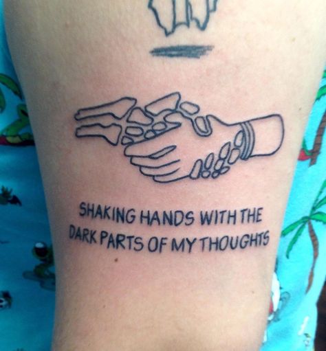 "Shaking hands with the dark parts of my mind" Express yourself 👍 #expressive #sayit #skeleton #tattoo #skeletontattoo #shakinghands #darkthoughts #peeps #lineworktattoo #oldeschooltattoo #marietta #atlanta #yankeedoodlezart Dark But Meaningful Tattoos, Shaking Hands With The Dark Parts, Scrambled Mind Tattoo, Self Sabatoge Tattoo, Shake It Out Tattoo, Skeleton Art Tattoo, Crazy Mind Tattoo, No Remorse Tattoo, Trapped In My Mind Tattoo Ideas