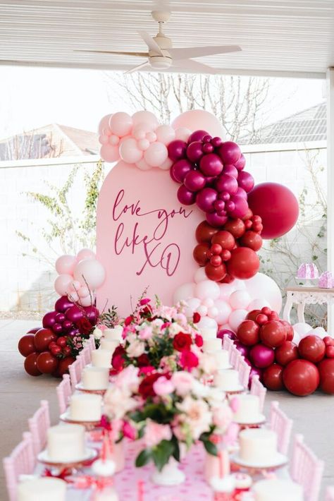 Heart Themed Bridal Shower Ideas, Cute Valentines Party Ideas, Showered With Love Bridal Shower Theme, Love Themed Birthday Party, Xoxo Party Theme, Valentine’s Day Bridal Shower Ideas, Sweet Heart Birthday Theme, Heart Bridal Shower Theme, Valentines Party Backdrop