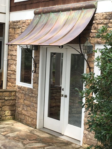 Copper awning Copper Awning Front Door, Copper Awnings Over Door, Copper Awning Over Garage, Copper Door Awning, Front Door Overhang Entrance Metal Roof, Front Door Awnings, Metal Awnings Over Doors, Painting Brick Exterior, Metal Awnings For Windows