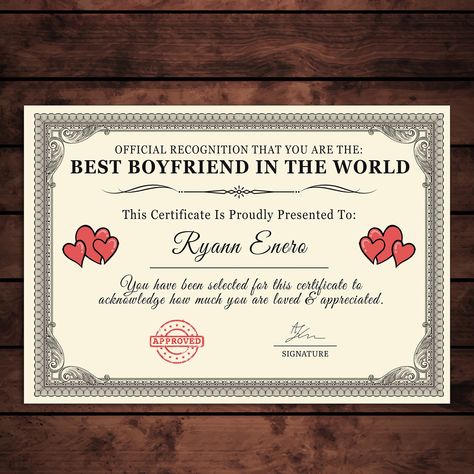 Personalised 'Best Boyfriend In The World' Certificates Gift/Print *When ordering: Don't forget to add the recipient's name* This quality printed certificate is the perfect sentimental keepsake to give to your Boyfriend, to show just how much you appreciate them Award them with a Best in the World Certificate! A funny and quirky gift that is guaranteed to make the recipient smile. This gorgeous print makes an amazing Birthday/Christmas gift but is also a thoughtful gift anytime of the year. A be Handmade Gifts To Boyfriend, You Are The Best Boyfriend, Sentimental 1 Year Anniversary Gifts, New Years Gift For Boyfriend, Graduation Gift Boyfriend, Sertifikat Best Boyfriend, Cute Stuff To Make For Your Boyfriend, Random Gifts For Boyfriend Just Because, Cute Crafts For Bf