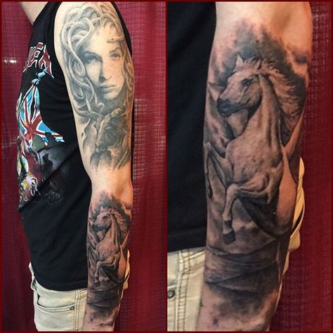 Pegasus Tattoo, Full Arm Tattoos, Medusa Tattoo, Arm Tattoos, Aesthetic Tattoo, Arm Tattoos For Guys, Greek Mythology, Tattoo On, Arm Tattoo