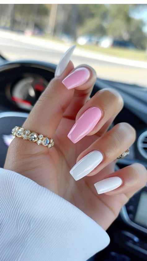 Summer Acrylic Nails Pink And White, Magenta And White Nails, White Or Light Pink Nails, Square Nails Pink And White, White And Pink Acrylics, White Nails And Pink, White And Pink Nails With Designs, White And Baby Pink Nails, Summer Nails Ballerina Shape