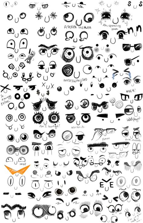 Eye chart for illustrations Comic Tips, Funny Face Drawings, Face Doodles, Tattoos Simple, Emoji Drawings, Arte Doodle, Tutorial Drawing, Doodle Characters, Drawing Cartoon Faces