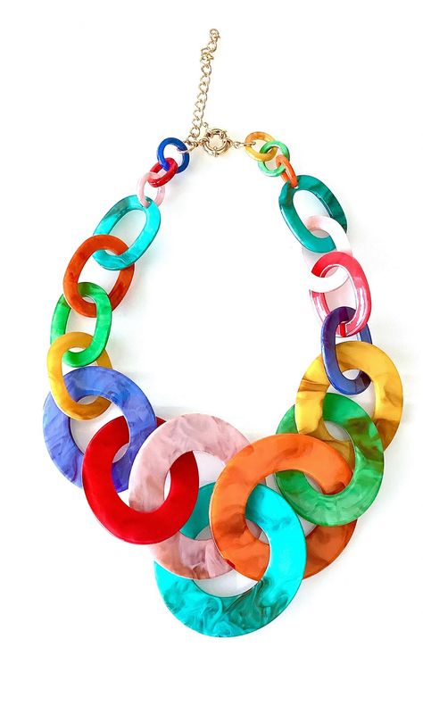 Chunky, multi-coloured, resin chain, statement necklace from Olivia Divine. Chunky, resin chain link necklace. Length 55 cm plus 7 cm extender chain. Lightweight. Perfect for your summer wardrobe. #HandmadeJewelry #Gemstone #of #The #Jewelry #Statement #a #Allure #Jewelry #Making #JewelryDesign #Chunky Thigh Jewelry, Latina Jewelry, Chunky Jewellery, Resin Chain, Pinterest Contest, Found Object Jewelry, Summer Colours, Design Tech, Chunky Statement Necklace