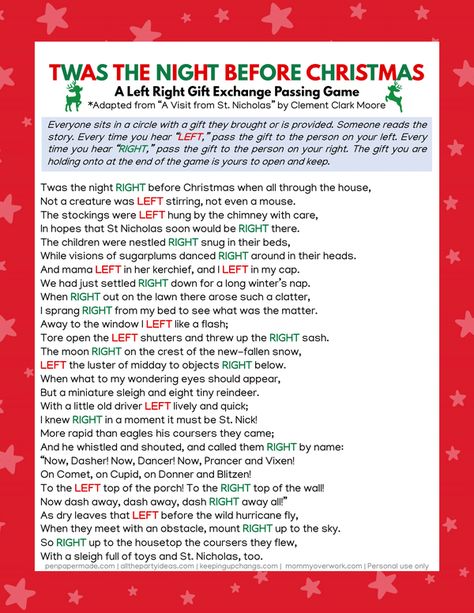 Christmas Right Left Game, Christmas Gift Exchange Poem, Nativity Poem, Christmas Story Party Ideas, Gift Exchange Poem, Gift Exchange Story, Christmas Left Right Story, Right Left Game, Snowman Song