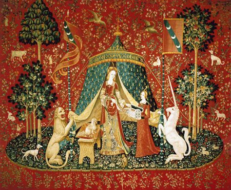 Scarlet Quince cross stitch chart: Lady with Unicorn: A Mon Seul Desir, from the Cluny tapestries The Lady And The Unicorn, Lady And The Unicorn, Unicorn Tapestry, Unicorn Tapestries, Stadium Blanket, Unicorn Painting, Istoria Artei, Medieval Tapestry, Tapestry Art