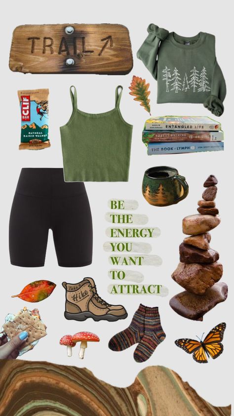 #hiking #hikingaesthetic #hikingoutfit #aestheticgirl #aestheticmoodboard Granola Outdoorsy Outfits, What To Wear On A Hike, Earthy Crunchy Aesthetic, Granola Woman, Hiking Aesthetic Outfit, Granola Girl Outfits, Granola Outfits, Granola Style, Granola Aesthetic