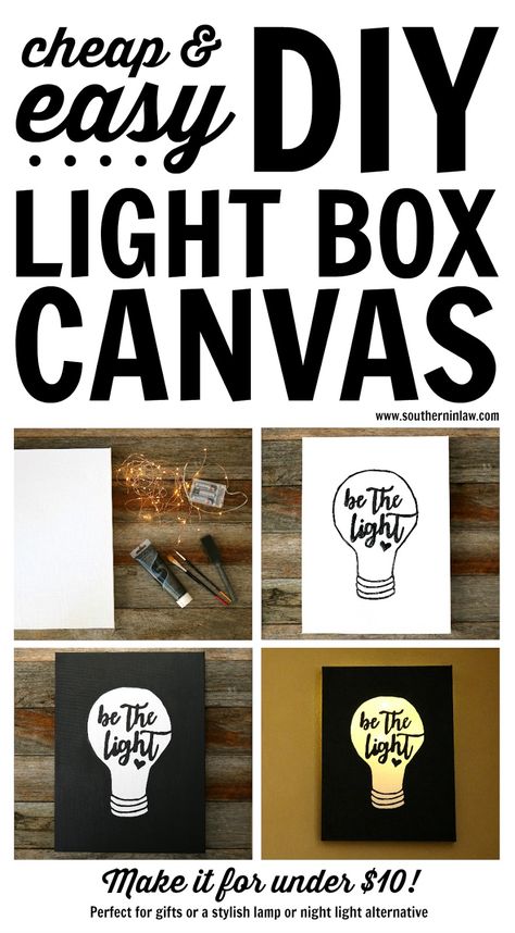 Cheap Easy DIY Light Box Canvas Art Project Ideas - under $10, weekend projects, craft, how to make, budget friendly, painting, LED fairy lights, kids bedroom, night light, custom lamp, unique quote wall decor Diy Art Projects Canvas, Kids Bedroom Lights, Canvas Tutorial, Light Box Diy, Light Up Canvas, Diy Wall Decor For Bedroom, Diy Tumblr, Bedroom Night Light, Box Tutorial