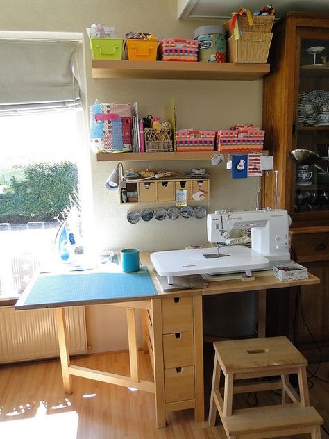 My sewing space in the livingroom. | Flickr - Photo Sharing! Sewing Space In Living Room, Sewing Corner In Living Room, Craft Space In Living Room, Corner Sewing Table, Living Room Sewing Space, Sewing Area In Living Room, Ikea Norden Sewing, Sewing Corner Ideas, Sauder Sewing And Craft Table