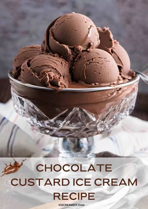 Chocolate Custard Ice Cream Recipe - Ice Cream DIY | Ice Cream Recipes From Scratch Custard Recipe Ice Cream, Chocolate Custard Ice Cream Recipe, Baked Goods Recipes Desserts, Frozen Custard Recipe, Cold Sweets, Custard Ice Cream Recipe, Ice Cream Diy, Recipe Ice Cream, Homemade Ice Cream Recipe