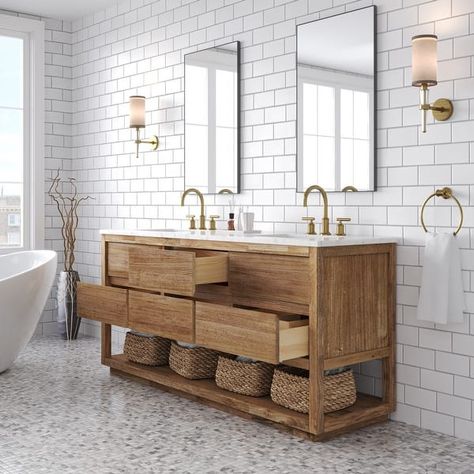 Oakman Mango Wood Single Sink Carrara White Marble Countertop Bath Vanity - On Sale - Bed Bath & Beyond - 37986059 Oil Rubbed Bronze Faucet, Gold Faucet, Wood Backsplash, Bathroom Size, Chrome Faucet, White Marble Countertops, Marble Countertop, Large Bathrooms, Bathroom Sink Vanity