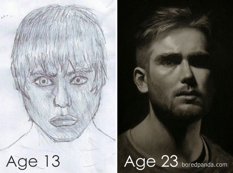 About 10 Years Of Progress By Miles Before And After Pictures, Human Face, Drawing Challenge, Art Challenge, Drawing Techniques, Art Education, Art Classes, Self Portrait, Art Lessons