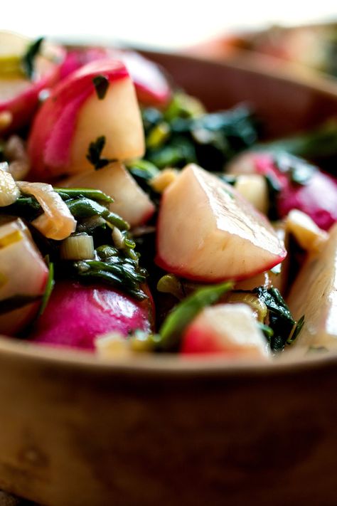 The bitterness of radish greens pairs wells with a sweet-and-sour sauce in this stir-fry We always toss out radish greens, but we shouldn’t They are as nutritious as any green, and they have a pleasantly bitter flavor that is very much like that of turnip greens, which are a close relative Colorful Breakfast, Radish Greens, Eating Well Recipes, Vegetable Recipe, Radish Recipes, Turnip Greens, Heirloom Tomato, Sweet And Sour Sauce, Nyt Cooking