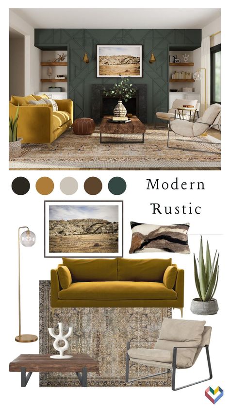 This mood board encapsulates all the beautiful textures and rich colors of this modern rustic living room. Study Room Mood Board, Modern Rustic Sofa, Modern Rustic Mood Board, Desert Contemporary Interior, Living Room Mood Board Colour Schemes, Modern Desert Living Room, Southwest Living Room Decor, Modern Southwest Interior Design, Rustic Mood Board