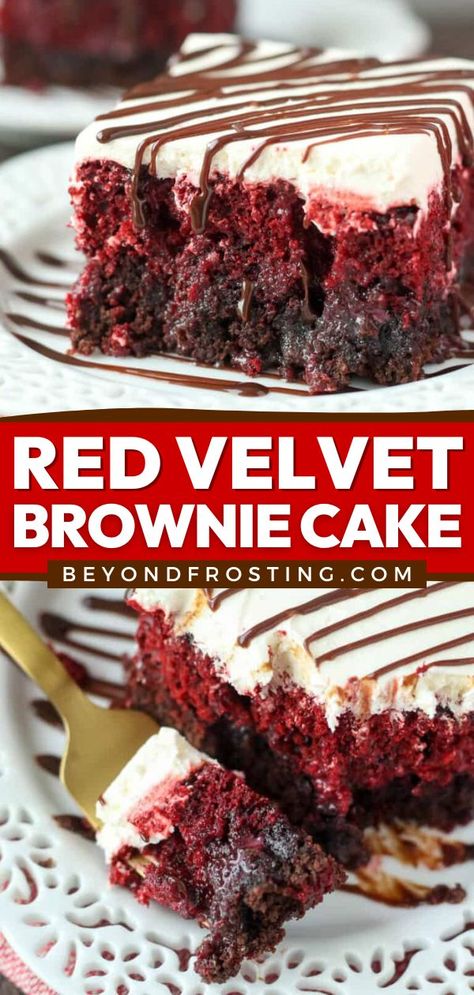 This holiday baking recipe is so easy! It lets you have a Thanksgiving sweet treat featuring a fudgy brownie and a moist red velvet poke cake. Topped with whipped cream cheese frosting, this gooey red velvet brownie cake is also an indulgent Christmas dessert! Red Velvet Desert Ideas, Poke Cake Recipes Red Velvet, Christmas Red Velvet Poke Cake Recipe, Red Velvet Oreo Poke Cake, Red Velvet Cream Cheese Brownies, Poke Brownies, Red Velvet Dessert Recipes, New Year’s Day Dessert, Red Velvet Oreo Cake