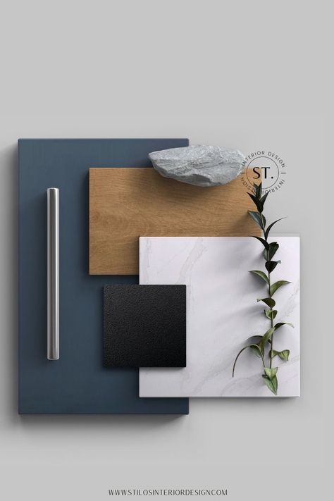 Blue Palette Interior Design, Office Blue And White, Black White And Blue Interior Design, Black White Blue Interior Design, Colour And Material Board, Wood And Colour Combinations, Black Blue Interior Design, Black White Blue Wood Bathroom, Blue Black Bathroom Ideas