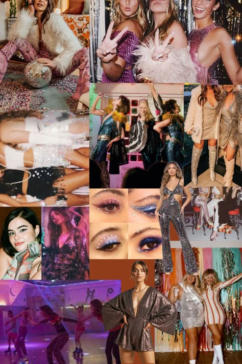 MAMMA MIA 70s RETRO DISCO EUPHORIA THEME mood board bachelorette party inspo inspiration 70s Disco Hens Party, Disco Themed Party Aesthetic, 70s Hens Party, Disco Glam Bachelorette Party, Funky Disco Theme Party, The Last Disco Hen Party, Retro Bachelorette Party Outfit, Euphoria Bachelorette Party, Disco Date Party