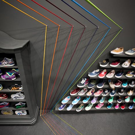 Run Colors trainers store by Modelina Architekci Shoe Store Design, Sneaker Displays, Poznan Poland, Retail Store Interior Design, Clothing Store Design, Sneaker Shop, Retail Store Interior, Sneaker Stores, Shoe Display