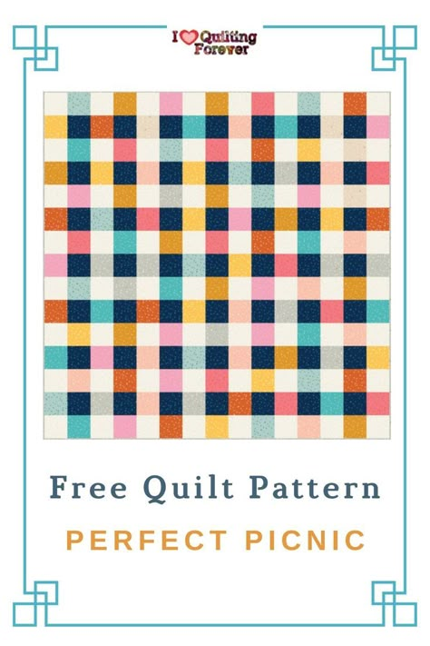 Free Quilt Pattern- Perfect Picnic Summer Quilt Summer Quilt Patterns, Picnic Quilt Pattern, Free Quilt Patterns For Beginners, Quilt Patterns For Beginners, Picnic Blanket Pattern, Layer Cake Quilt Patterns, Picnic Summer, Charm Pack Quilts, Mini Quilt Patterns