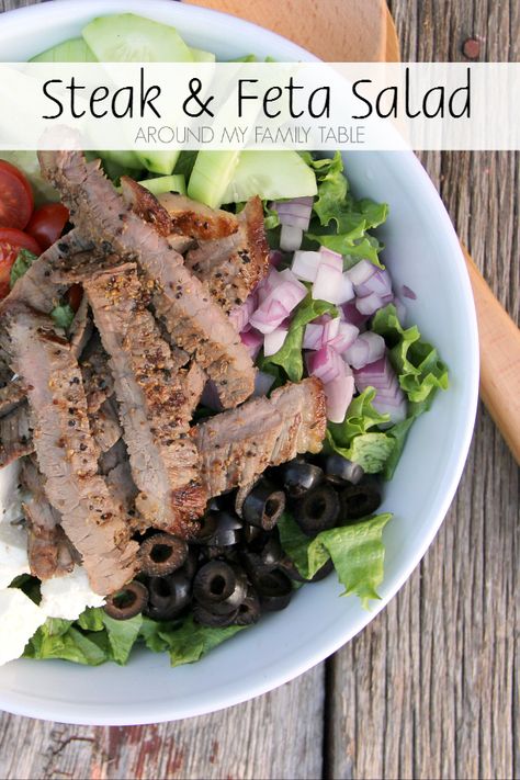 Steak and Feta Salad - Around My Family Table Steak Marinades, Salad Steak, Brunch Salad, Feta Salad Recipe, Side Salad Recipes, Menu List, Recipes Summer, Summer Menu, Steak Salad