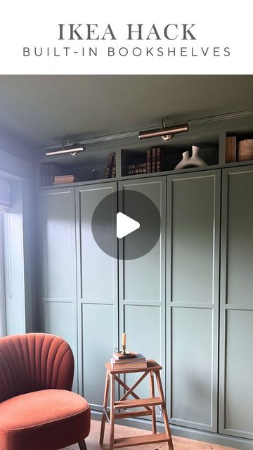 Sara | DIY and Interiors on Instagram: "Our study built ins - a Billy Bookcase IKEA hack✨.  Still some finishing touches to get done (like handles!) but really glad with how this IKEA hack came together.   Ikea pieces I used-  - 4x Billy bookcases 80cm wide and the extension shelves  - 8x Oxberg doors   I used the fully enclosed Oxberg doors so the bookshelves would be more akin to cupboards. I have lots of unsightly items to store- like kids crafts, my crafts, random things… having open bookcases wouldn’t have made sense. But I do love there are some open shelves at the top for books📖.  I colour drenched the room in Cambridge Green by @benjaminmooreuk . It’s a dark grey green and it takes on different tones with the light that filters through this north facing room.💚  I’ll be sure to po Enclosed Built Ins, Ikea Billy Doors, Arched Bookshelf Built Ins, Ikea Hack Built In Bookcase, Billy Built In, Ikea Billy Oxberg Hack, Diy Ikea Built Ins, Billy Oxberg Bookcase Hack, Study Built Ins