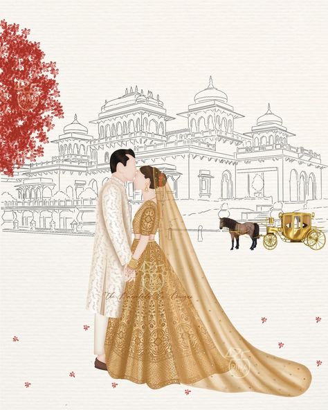 Indian Wedding Couple Illustration, Indian Wedding Illustration, Royal Illustration, Palace Illustration, Destination Wedding Invite, Indian Invitation, Ganesha Rangoli, Wedding Illustration Card, Couple Illustration Wedding