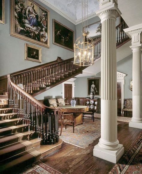 The interesting staircase hall at Saltram House in Devon. Phot Manor House Staircase, Regency Country House, Manor Staircase, Foyer House, Stairs Foyer, Saltram House, Manor House Interior, Plymouth England, Oak Staircase