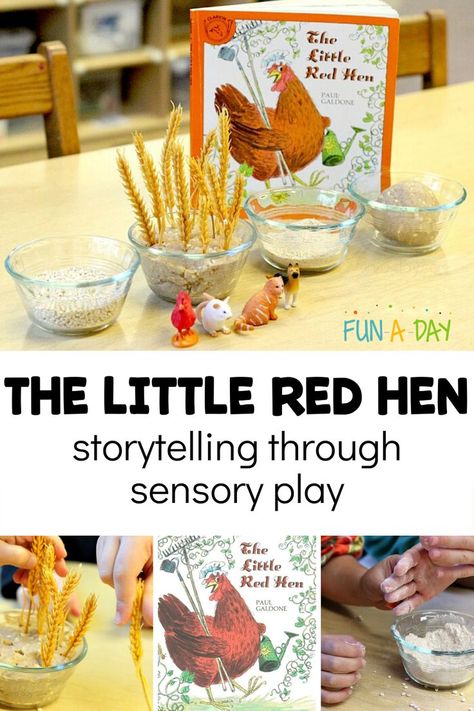 Stories Activities For Preschool, Story Book Activities Preschool, Story Baskets For Preschool, Story Baskets For Toddlers, Book Activities For Preschoolers, Kitchen Preschool, Little Red Hen Activities, Story Baskets, The Little Red Hen