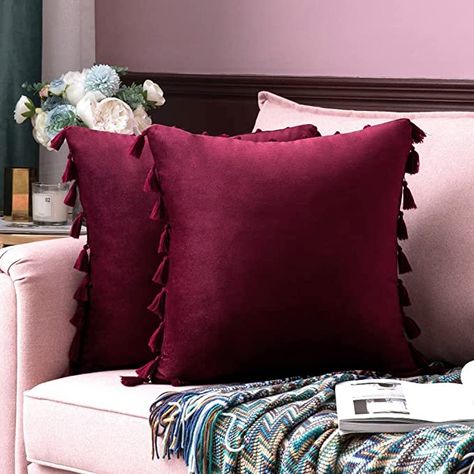 Amazon.com: MIULEE Pack of 2 Velvet Soft Decorative Throw Pillow Covers with Tassels Fringe Boho Accent Cushion Case for Couch Sofa Bed 24 x 24 Inch Burgundy : Everything Else Velvet Throw, Sofa Couch Bed, Personalized Pillows, Velvet Pillow Covers, Couch Sofa, Decorative Throw Pillow Covers, Velvet Cushions, Front Room, Velvet Pillows