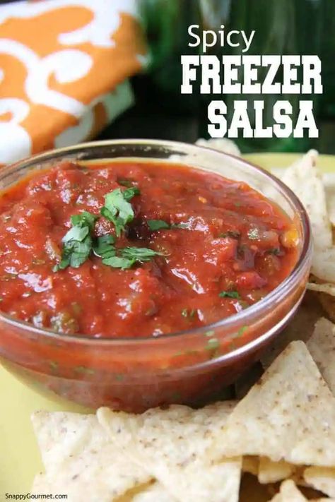 Spicy Freezer Salsa, an easy homemade salsa recipe that makes a healthy snack or appetizer. Made with canned tomatoes and other simple ingredients. Serve with your favorite veggies or tortilla chips for dipping! Recipe @SnappyGourmet.com #SnappyGourmet #Salsa #Spicy #Mexican Freezer Salsa, Salsa With Canned Tomatoes, Easy Homemade Salsa Recipe, Easy Homemade Salsa, Creamy Salad Dressing, Homemade Salsa Recipe, Canned Tomatoes, Party Snack Food, Quick And Easy Appetizers