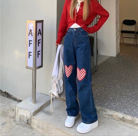 Pastel Red Outfit, Fun Jeans Outfit, Red And Blue Outfit, Ropa Upcycling, Embroidery Pants, Heart Embroidery, Refashion Clothes, Cute Simple Outfits, Upcycle Clothes