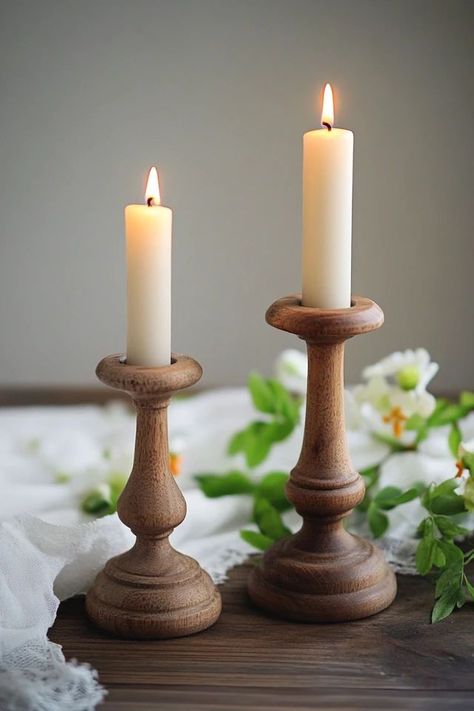 "Add a touch of elegance with Handmade DIY Candlestick Holders! 🛠️🕯️ Perfect for creating personalized decor. 🌟✨ #DIYCandlesticks #HomeInspo #DIYProjects" Wooden Candlestick Holders Diy, Candlestick Wooden Ideas, Diy Candlestick Holders, Diy Candle Stick Holder, Woodturned Candle Holders, Turned Wooden Candle Holders, Wood Turned Candle Holders, Wooden Candle Stand, Diy Candle Sticks