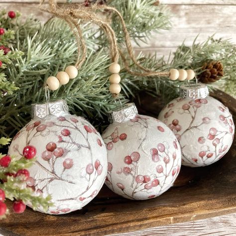 Winterberry Decoupaged Shatterproof Ornaments – Home Branded White Red Christmas Tree, Red Christmas Tree Decor, Christmas In July Decorations, Unique Teacher Gifts, Simple Holiday Decor, Farmhouse Christmas Ornaments, Christmas Decoupage, Reindeer Ornament, Shatterproof Ornaments