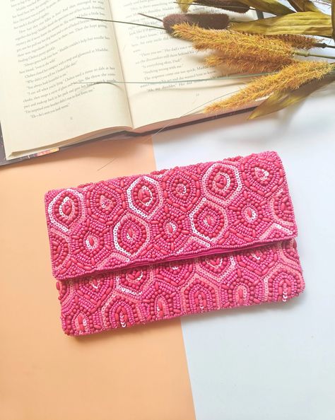 Fushcia Pink Beaded Clutch, Crossbody Seed Beaded Bag, Party Evening Handbag, Gift for Her, Shoulder Clutch Bag, Beaded Purse Bag Beaded Clutch Purse, Geometric Diamond Pattern, Evening Accessories, Purse Handmade, Pink Clutch, Bag Elegant, Beaded Bag, Evening Handbag, Beaded Clutch