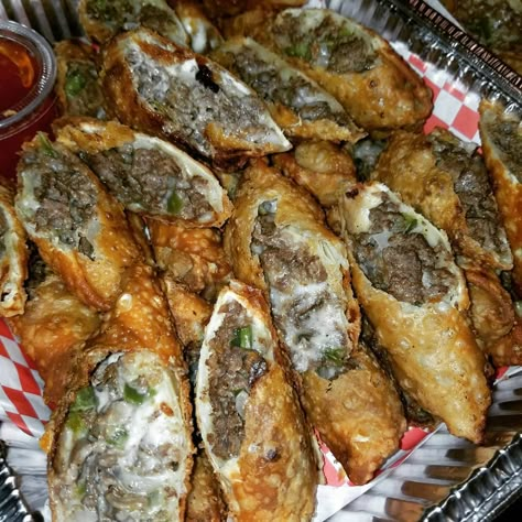 Philly Cheese Steak Aesthetic, Philly Steak Egg Rolls, Soul Food Egg Rolls, Philly Cheese Steak Eggrolls, Philly Egg Rolls, Steak And Cheese Egg Rolls, Philly Cheese Steak Egg Rolls, Cheese Steak Egg Rolls, Soul Rolls