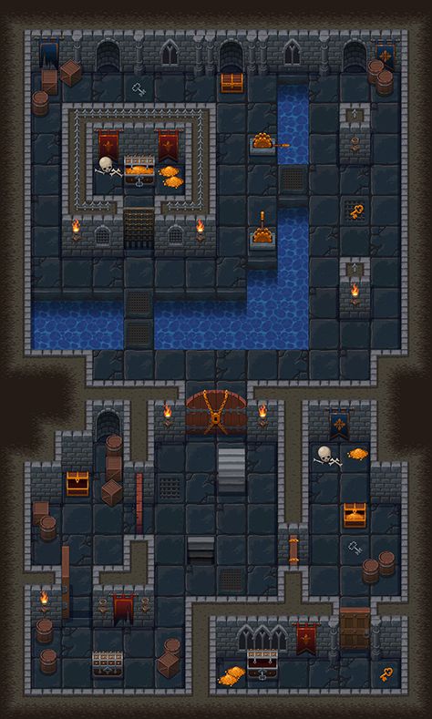 This is tileset for roguelike or rpg game. Top-down view. Top Down Level Design, Pixel Art Dungeon, Pixel Dungeon, Top Down Game, Pixel Game, Game Graphics, Pixel Animation, Pixel Art Tutorial, 2d Game Art