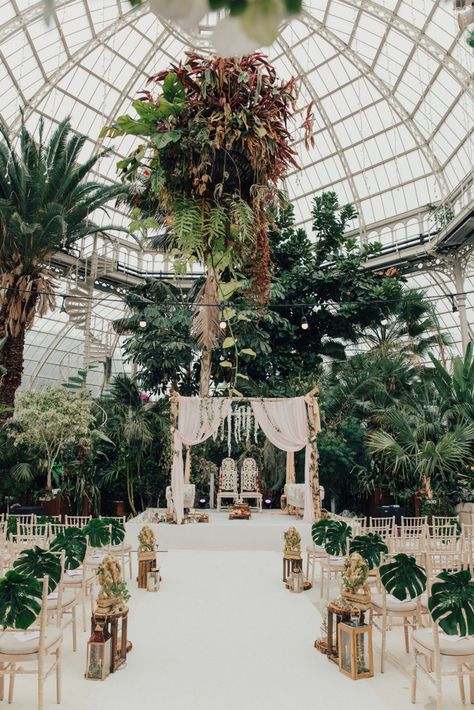 Botanical, Aisle Decor with Indian Mandap Wedding Ceremony Altar | Hindu Wedding at Sefton Park Palm House with Bride & Bridesmaids in Sarees, Plus Botanical Plants & Bright Decor by The Wild Bride Photography Glass House Wedding Venue, Sefton Park, Glass House Wedding, Kelsey Rose, Wedding Venues Uk, Ibiza Wedding, Mandap Decor, Wedding Mandap, Greenhouse Wedding