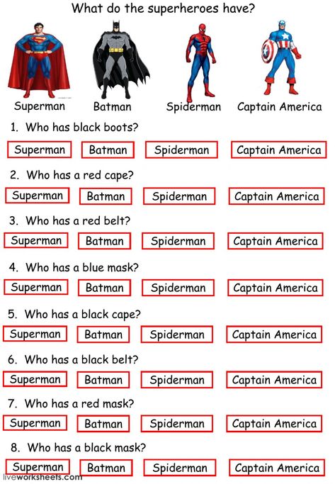 What do the superheroes have - Ficha interactiva What Are You Doing, Superhero Worksheets, Superhero Lessons, Esl Vocabulary, English Worksheet, English Exercises, Worksheet For Kids, What Do, English Lessons For Kids