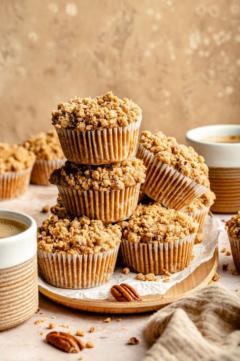 Beautiful brown butter studded apple muffins made with with chunks of juicy apples AND applesauce! A touch of brown sugar, maple syrup and a crunchy cinnamon pecan streusel will have you coming back again and again! And the apple muffins stay moist for days! Make these, you won't regret it. The Best Apple Muffins, Caramel Apple Muffin, Fall Apple Muffins, Best Bakery Muffins, Brown Butter Muffins, Fall Inspired Muffins, Fall Mini Muffins, Maple Banana Muffins, Muffin Recipes Fall