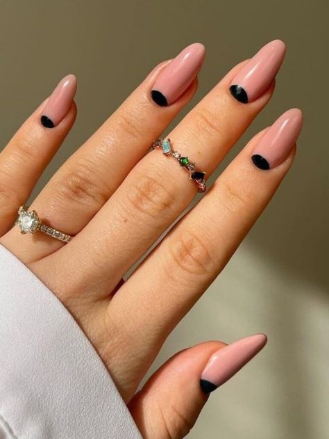 Long nude nails with a half moon in black Nail Star, Nude Nails With Glitter, Half Moon Nails, Moon Manicure, Classy Looks, Polka Dot Nail Art, White Tip Nails, Nail Designs Ideas, Dot Nail Art