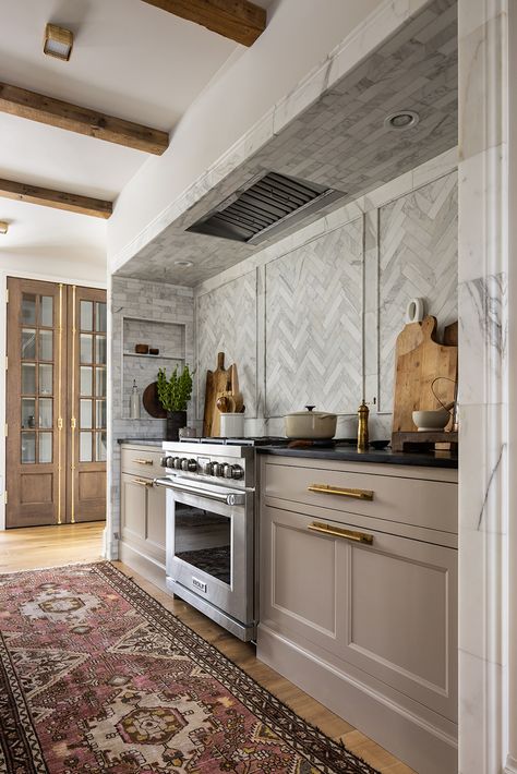 Honey Creek — Jean Stoffer Design The Established Home Jean Stoffer, Stove Niche, Cooking Alcove, Vermont Kitchen, Taupe Kitchen Cabinets, Kitchens 2021, Jean Stoffer Design, Stoffer Home, Herringbone Tile Backsplash