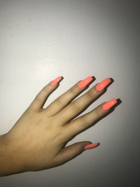 Orange/Pinky Long Coffin Acrylic Nails💅🏼 Pinky Orange Nails, Long Nails Square, Nails Plain, Pinky Orange, Orange Acrylic Nails, Coffin Acrylic Nails, Peach Nails, Nail Sets, Acrylic Nails Coffin