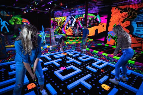 Mini Golf Ideas, Mini Golf Aesthetic, Blacklight Mini Golf, Indoor Mini Golf, Retro Golf, Downtown St Louis, Adult Playground, Crazy Golf, Arcade Game Room