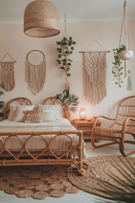 Bohemian bedroom featuring natural materials Bedroom Rattan, Bamboo Shelves, Bamboo Bedroom, Boho Bedroom Ideas, Bamboo Shelf, Bohemian Bedroom, Rattan Chair, Bedroom Boho, Rattan Furniture