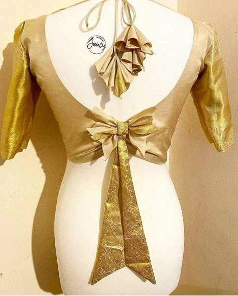 Bow Design Blouse, Golden Blouse Design, Golden Blouse Designs, Simple Blouse Design, Blouse Tassels, Green Blouse Designs, Latest Blouse Neck Designs, Blouse Back Neck Design, Sleeveless Blouse Designs