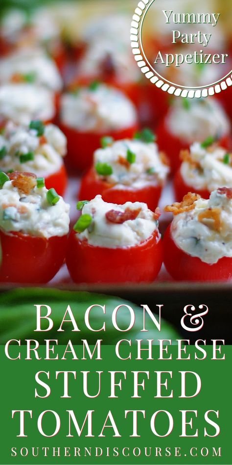 With a cream cheese filling that’s loaded with fresh herbs and real bacon, these cherry tomato appetizers are literal BLT flavor bombs you and your guests will love! Serve Bacon Cream Cheese Stuffed Tomatoes at cookouts, parties, for holidays, showers, even brunch. Stuffed Tomato Appetizers, Cream Cheese Stuffed Tomatoes, Cheese Stuffed Tomatoes, Cherry Tomato Appetizers, Southern Discourse, Tomato Appetizers, Southern Cooking Recipes, Stuffed Tomatoes, Family Snacks