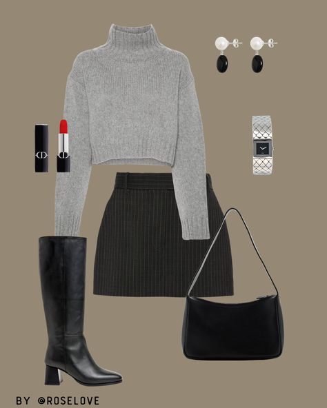 This chic grey and black outfit is your ultimate winter statement. The cozy turtleneck pairs perfectly with a sleek pinstriped skirt, creating a look that's both comfortable and sophisticated. Add black knee-high boots and minimalist black handbag for a touch of elegance. Finish the look with a bold red lip, and you're ready to take on the season with style and grace.

#FallChic #EffortlessStyle #CozyElegance #MinimalistFashion #OOTD Gray Turtleneck Outfit, Grey Turtleneck Outfit, Black Turtleneck Outfit, Outfit Minimalist, Turtleneck Outfit, Fall Chic, Bold Red Lips, Black Knee High Boots, Grey Turtleneck