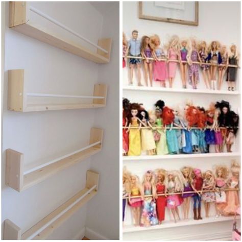 Barbie Corner In Bedroom, Barbie Doll Wall Storage, Barbie Clothing Storage, Barbie Dream House Storage Ideas, Barbie Clothes Organization Ideas, Barbie Organizer Ideas, Barbie Wall Storage, Babydoll Organization Ideas, Barbie Doll Organization