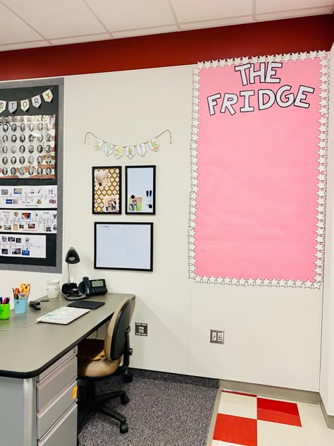 Our Fridge Classroom, 2nd Grade Classroom Setup Focus Walls, Classroom Fridge Display, The Fridge Bulletin Board Classroom, Fourth Grade Classroom Setup, Fridge Classroom Display, Elementary Classroom Themes Ideas First Grade, Small School Office Decorating Ideas, Student Center Classroom